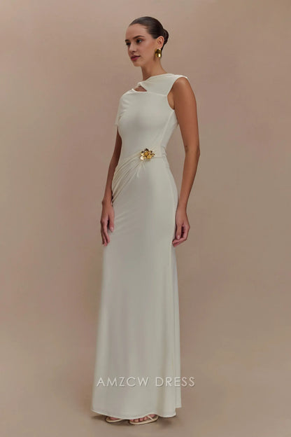 Elegant Sheath/Column Asymmetrical Cap Sleeve Open Back Floor-Length prom dress