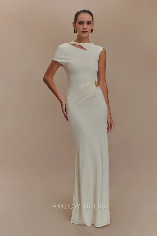 Elegant Sheath/Column Asymmetrical Cap Sleeve Open Back Floor-Length prom dress