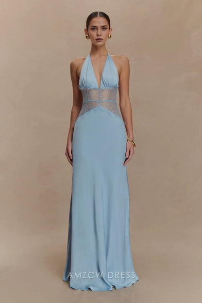Elegant Sheath/Column Halter Neck Lace - Inset Maxi Dress Prom Dress