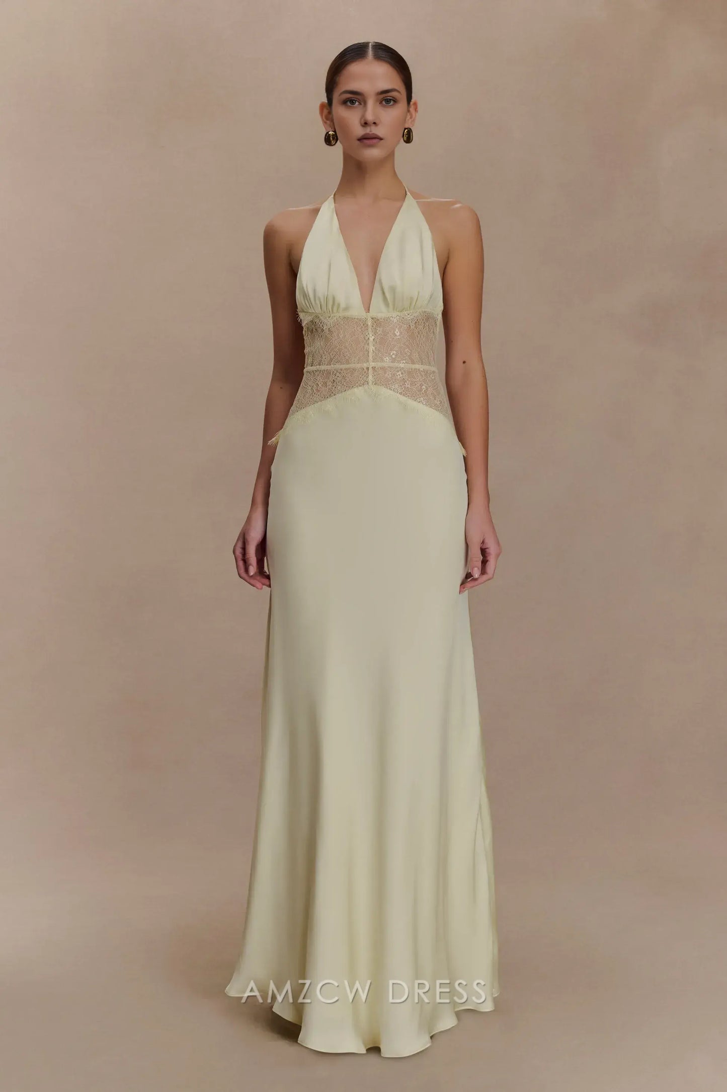 Elegant Sheath/Column Halter Neck Lace - Inset Maxi Dress Prom Dress