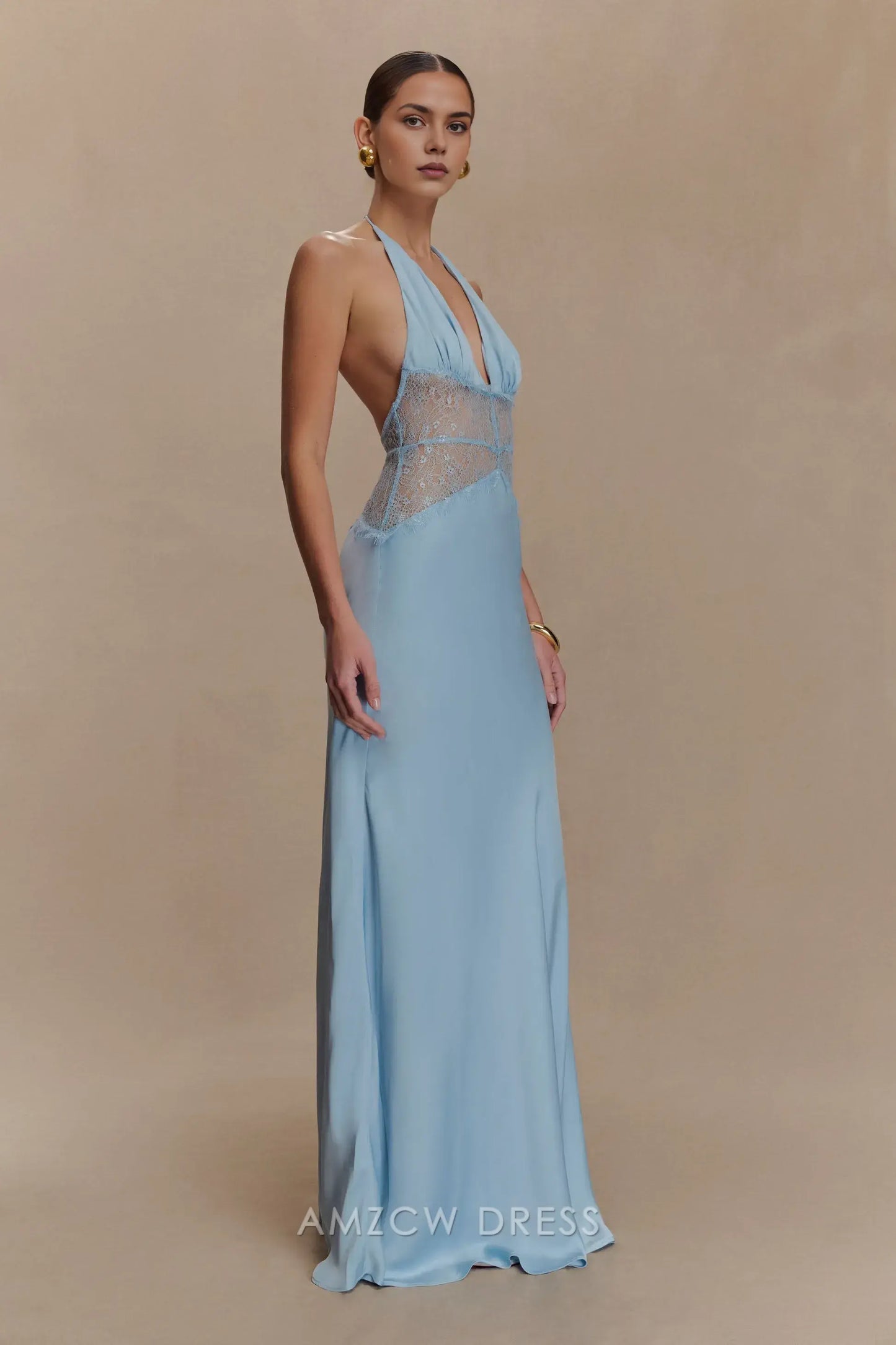 Elegant Sheath/Column Halter Neck Lace - Inset Maxi Dress Prom Dress