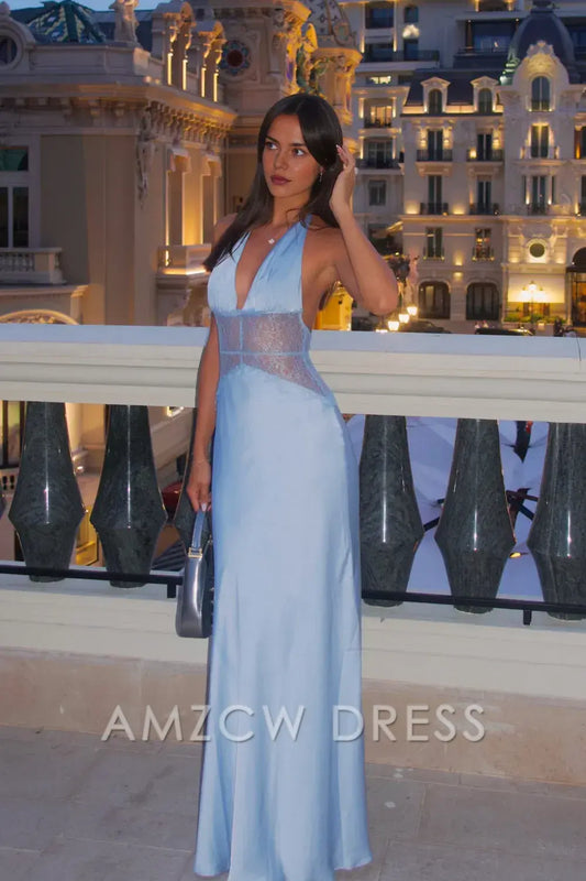Elegant Sheath/Column Halter Neck Lace - Inset Maxi Dress Prom Dress