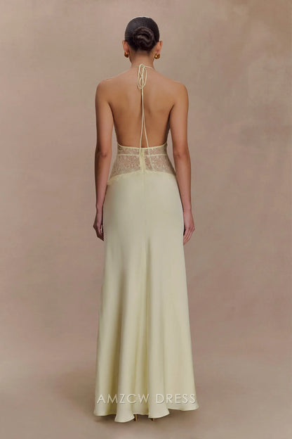 Elegant Sheath/Column Halter Neck Lace - Inset Maxi Dress Prom Dress