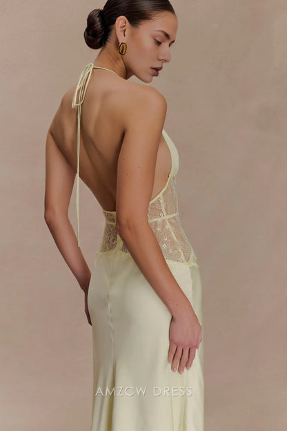 Elegant Sheath/Column Halter Neck Lace - Inset Maxi Dress Prom Dress