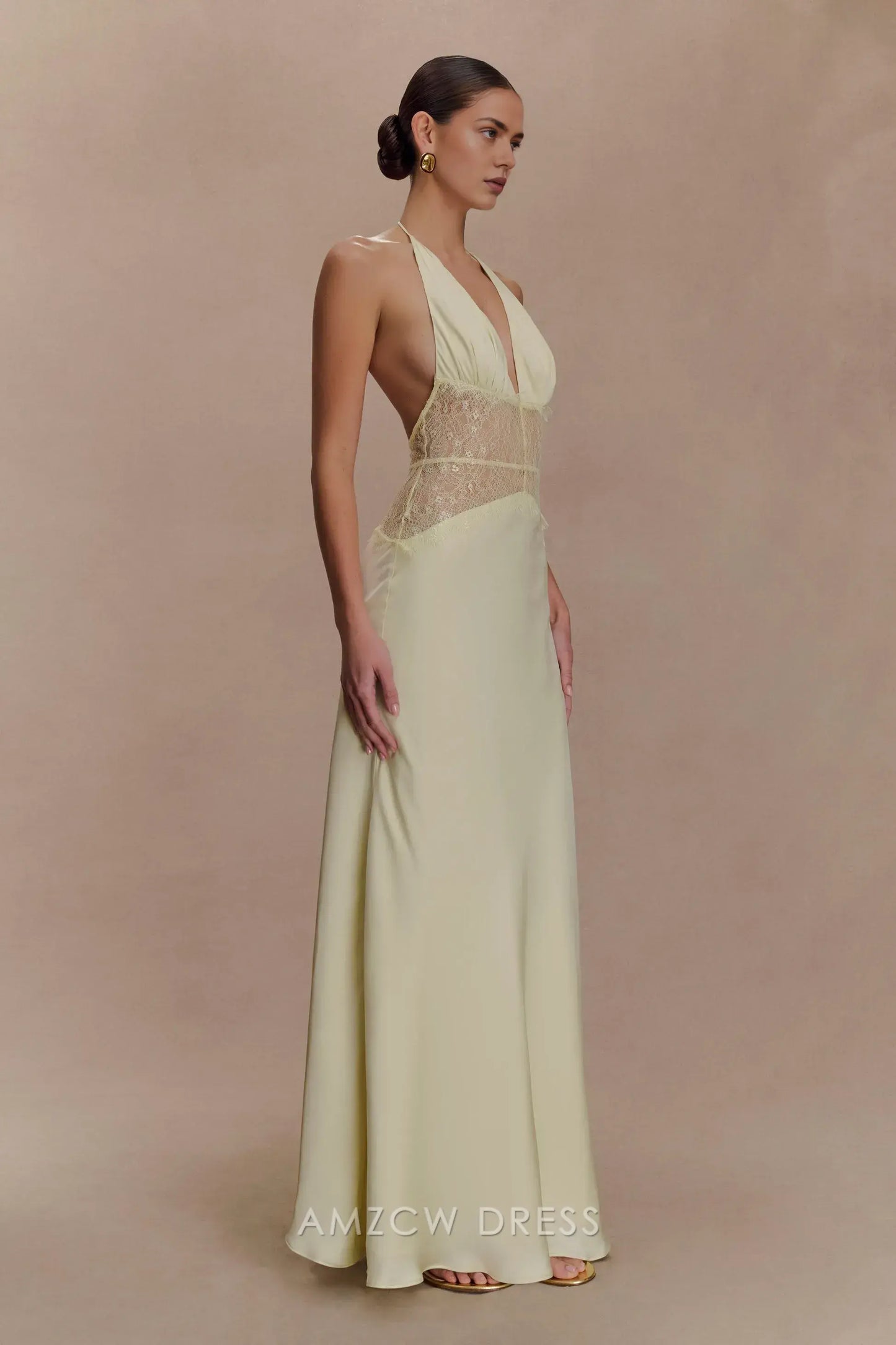 Elegant Sheath/Column Halter Neck Lace - Inset Maxi Dress Prom Dress