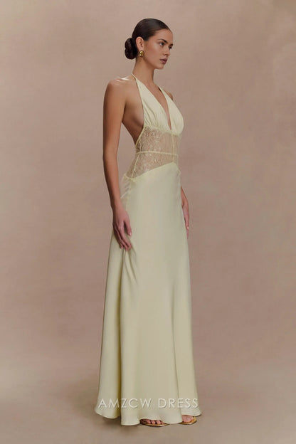 Elegant Sheath/Column Halter Neck Lace - Inset Maxi Dress Prom Dress