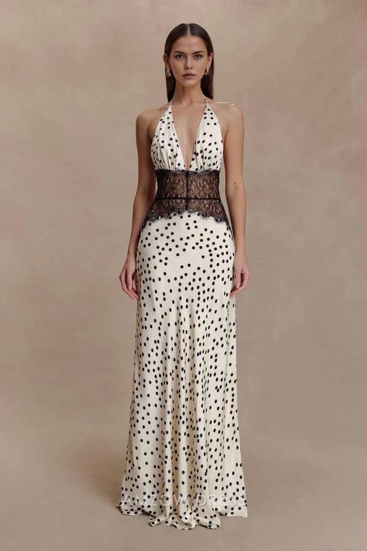 Elegant Sheath/Column Halter Neck Polka Dot Maxi Dress with Lace Waist Prom Dress