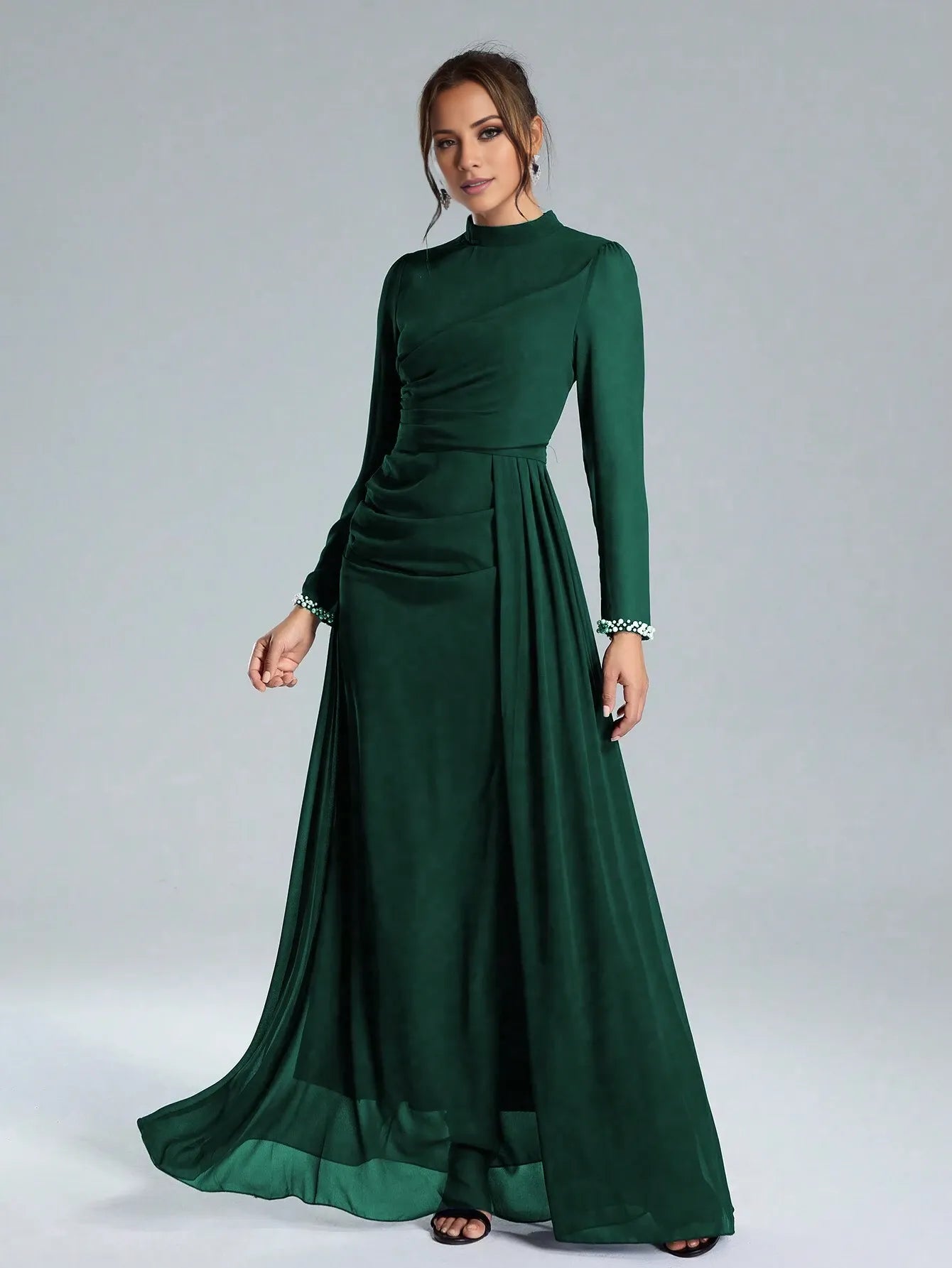 Elegant Sheath/Column High-Neck Long-Sleeve Embellished Chiffon Maxi Dress Prom Dress
