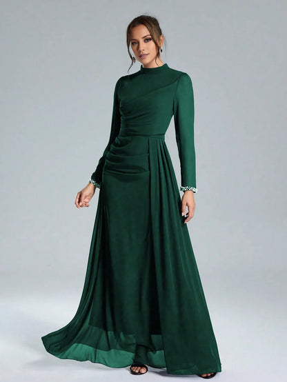 Elegant Sheath/Column High-Neck Long-Sleeve Embellished Chiffon Maxi Dress Prom Dress