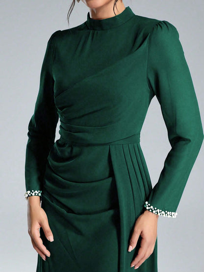 Elegant Sheath/Column High-Neck Long-Sleeve Embellished Chiffon Maxi Dress Prom Dress