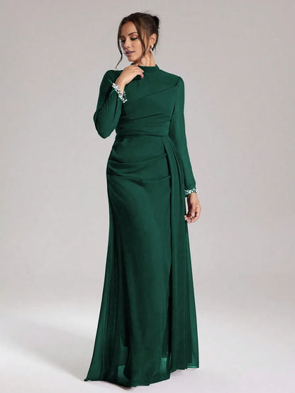 Elegant Sheath/Column High-Neck Long-Sleeve Embellished Chiffon Maxi Dress Prom Dress