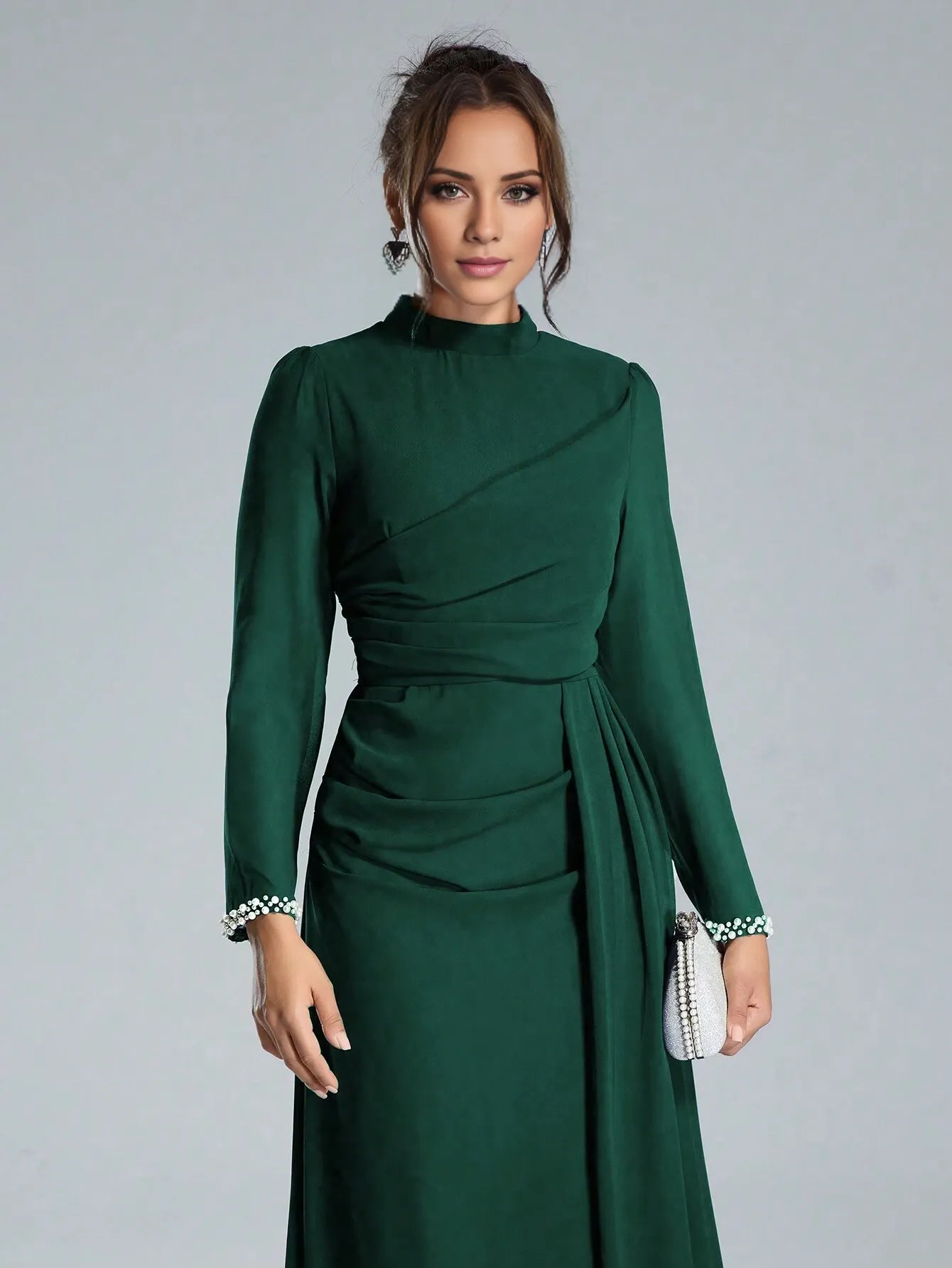 Elegant Sheath/Column High-Neck Long-Sleeve Embellished Chiffon Maxi Dress Prom Dress