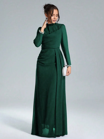 Elegant Sheath/Column High-Neck Long-Sleeve Embellished Chiffon Maxi Dress Prom Dress