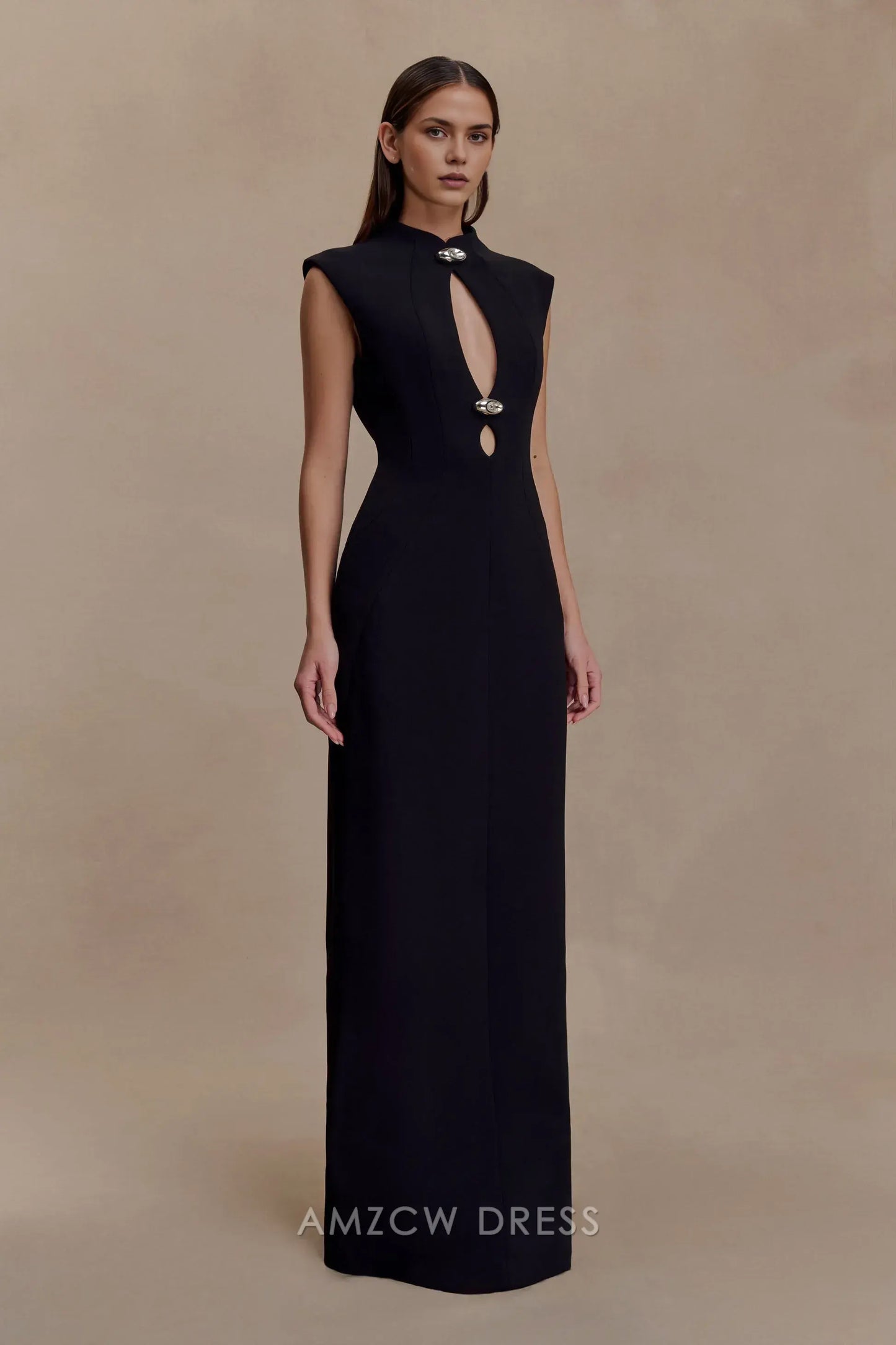 Elegant Sheath/Column High Neck Cut - Out Maxi Dress with Metal Accents Prom Dress