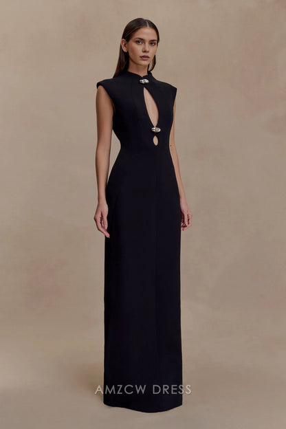 Elegant Sheath/Column High Neck Cut - Out Maxi Dress with Metal Accents Prom Dress