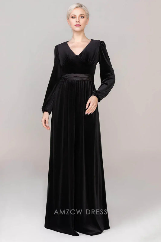 Elegant Sheath/Column Long-Sleeve Velvet Cross-Back Cutout Maxi Dress Prom Dress