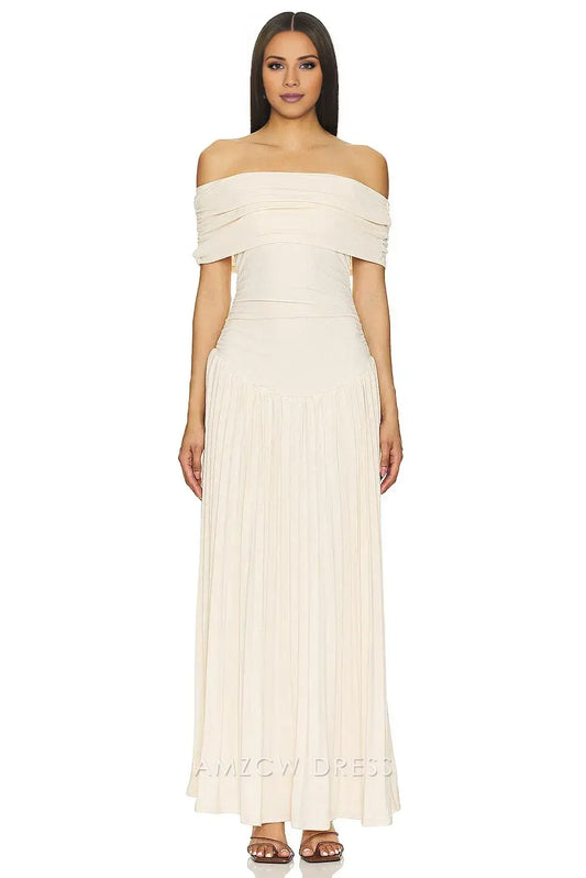 Elegant Sheath/Column Off-Shoulder Draped Pleated Ankle-Length Maxi Dress Prom Dress