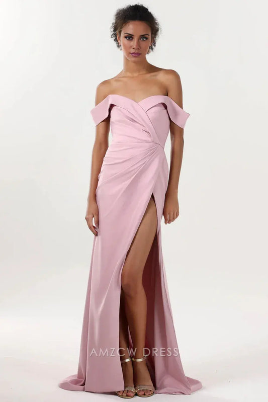 Elegant Sheath/Column Off-Shoulder Draped Slit Mermaid Cap Sleeve Maxi Dress Prom Dress