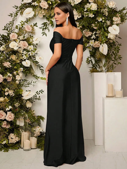 Elegant Sheath/Column Off-the-Shoulder Sweetheart Satin High-Slit Maxi Dress Prom Dress