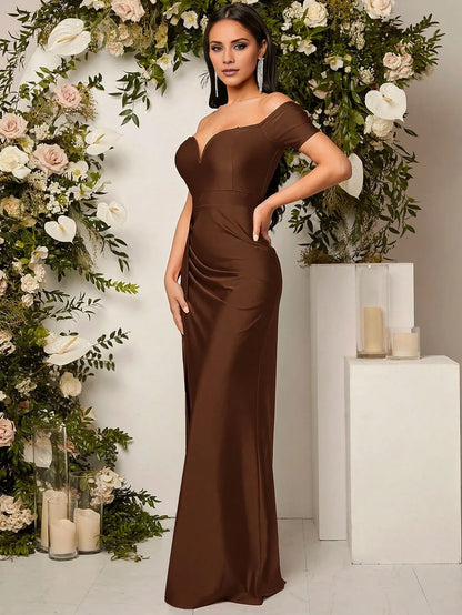 Elegant Sheath/Column Off-the-Shoulder Sweetheart Satin High-Slit Maxi Dress Prom Dress