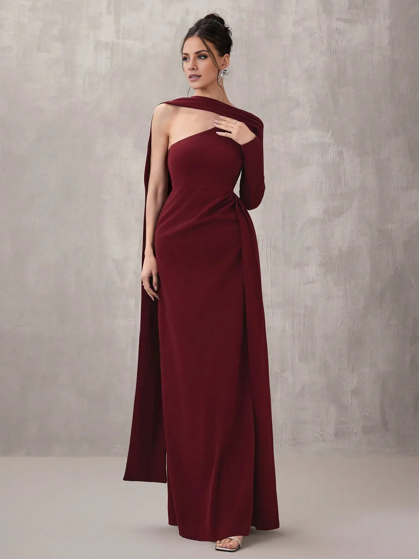 Elegant Sheath/Column One-Shoulder Drape Ruched High-Slit Maxi Dress Prom Dress