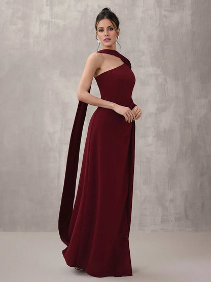 Elegant Sheath/Column One-Shoulder Drape Ruched High-Slit Maxi Dress Prom Dress