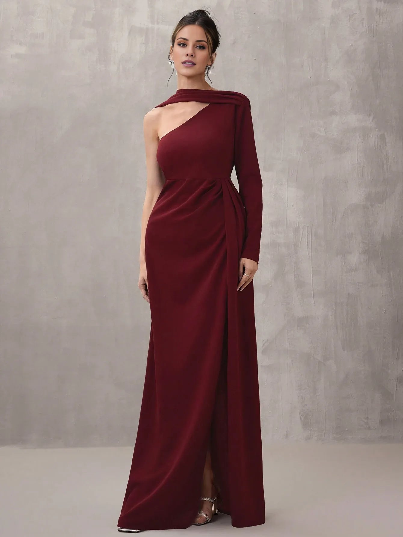Elegant Sheath/Column One-Shoulder Drape Ruched High-Slit Maxi Dress Prom Dress
