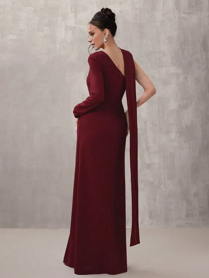Elegant Sheath/Column One-Shoulder Drape Ruched High-Slit Maxi Dress Prom Dress