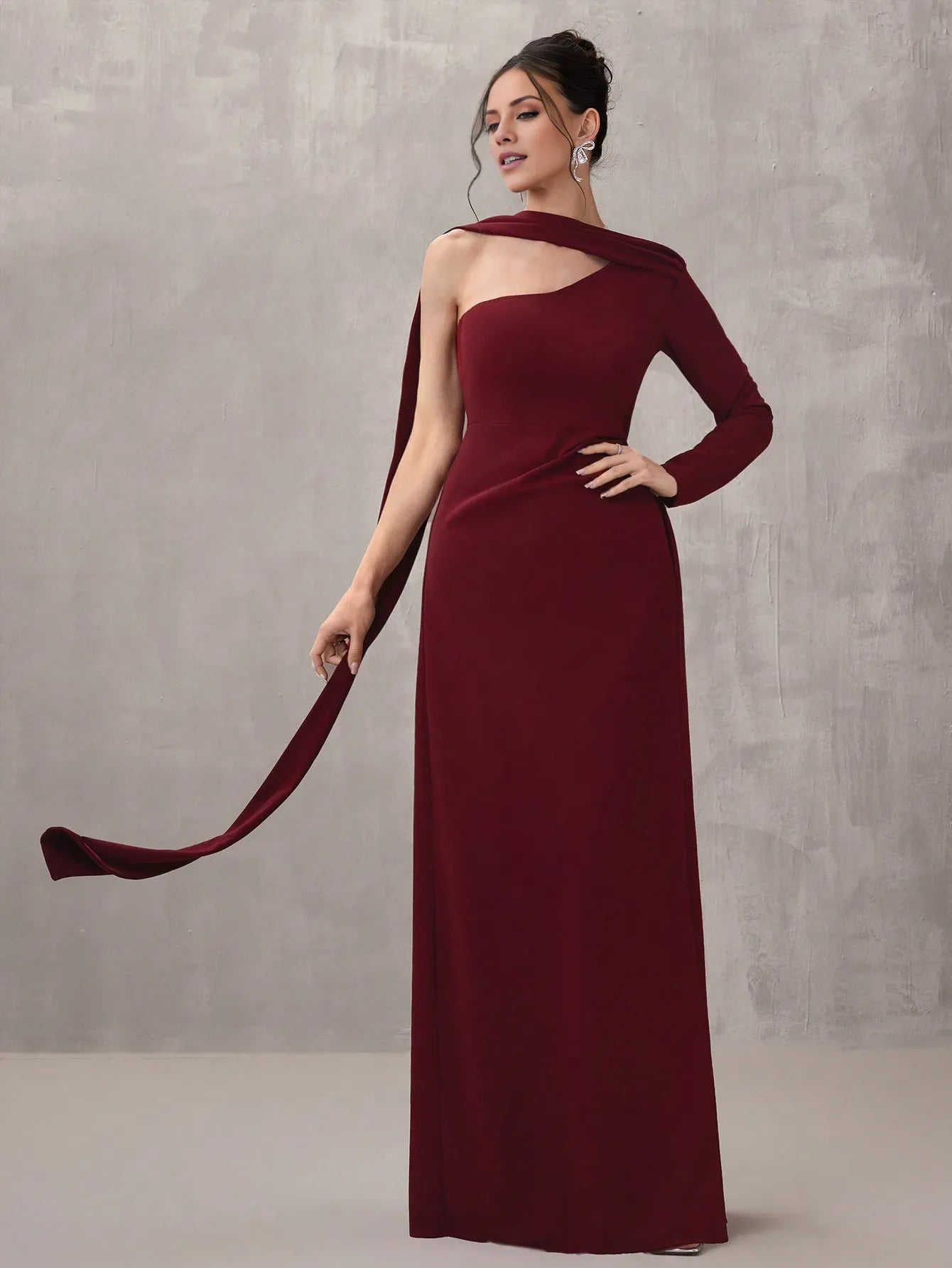 Elegant Sheath/Column One-Shoulder Drape Ruched High-Slit Maxi Dress Prom Dress