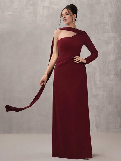 Elegant Sheath/Column One-Shoulder Drape Ruched High-Slit Maxi Dress Prom Dress