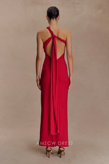 Elegant Sheath/Column One - Shoulder Draped Maxi Dress with Open Back Prom Dress