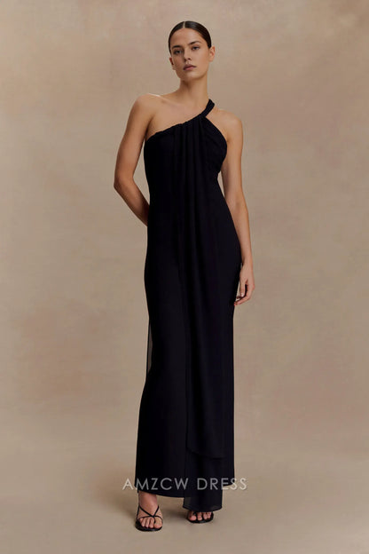 Elegant Sheath/Column One - Shoulder Draped Maxi Dress with Open Back Prom Dress