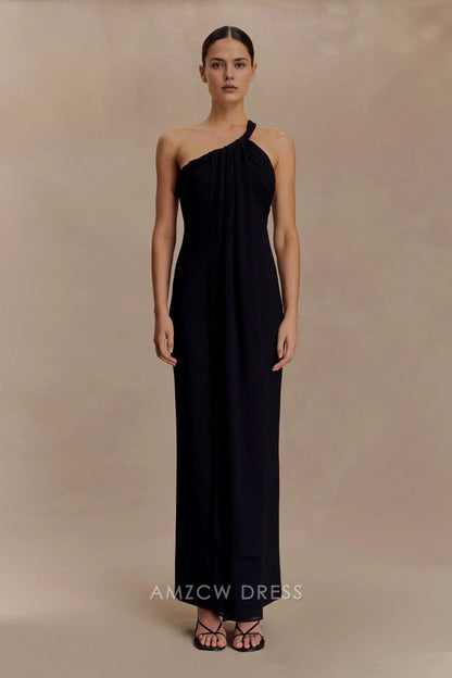 Elegant Sheath/Column One - Shoulder Draped Maxi Dress with Open Back Prom Dress