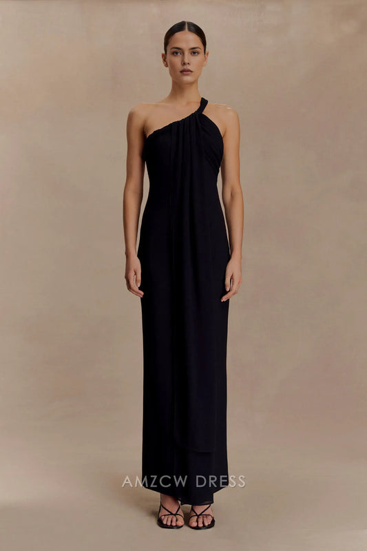 Elegant Sheath/Column One - Shoulder Draped Maxi Dress with Open Back Prom Dress