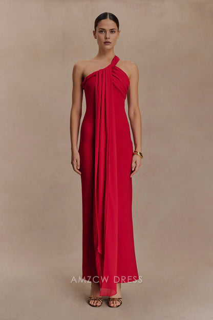 Elegant Sheath/Column One - Shoulder Draped Maxi Dress with Open Back Prom Dress