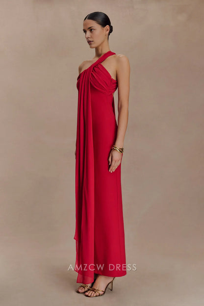 Elegant Sheath/Column One - Shoulder Draped Maxi Dress with Open Back Prom Dress