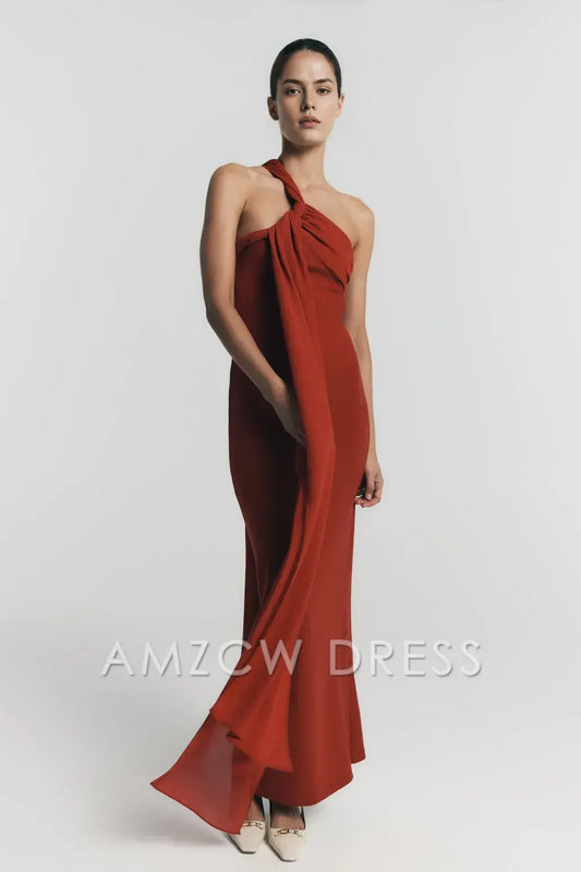 Elegant Sheath/Column One - Shoulder Draped Maxi Dress with Open Back Prom Dress