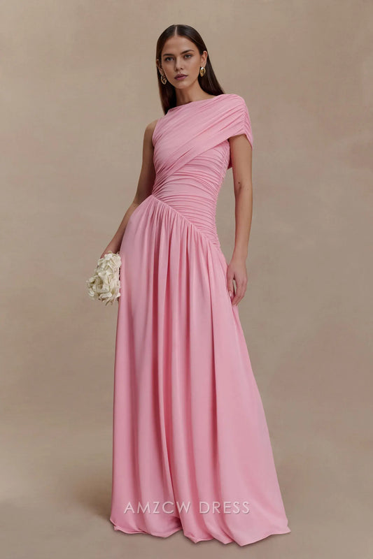 Elegant Sheath/Column One - Shoulder Ruched Chiffon Maxi Dress Prom Dress