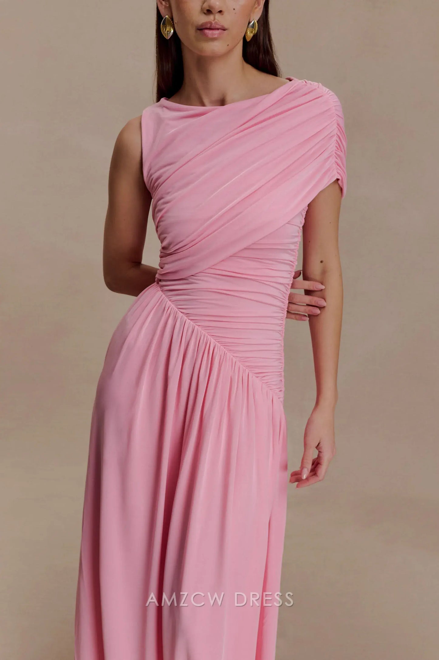 Elegant Sheath/Column One - Shoulder Ruched Chiffon Maxi Dress Prom Dress