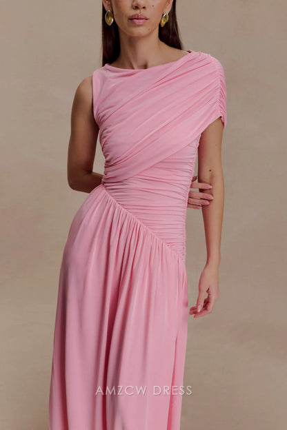 Elegant Sheath/Column One - Shoulder Ruched Chiffon Maxi Dress Prom Dress