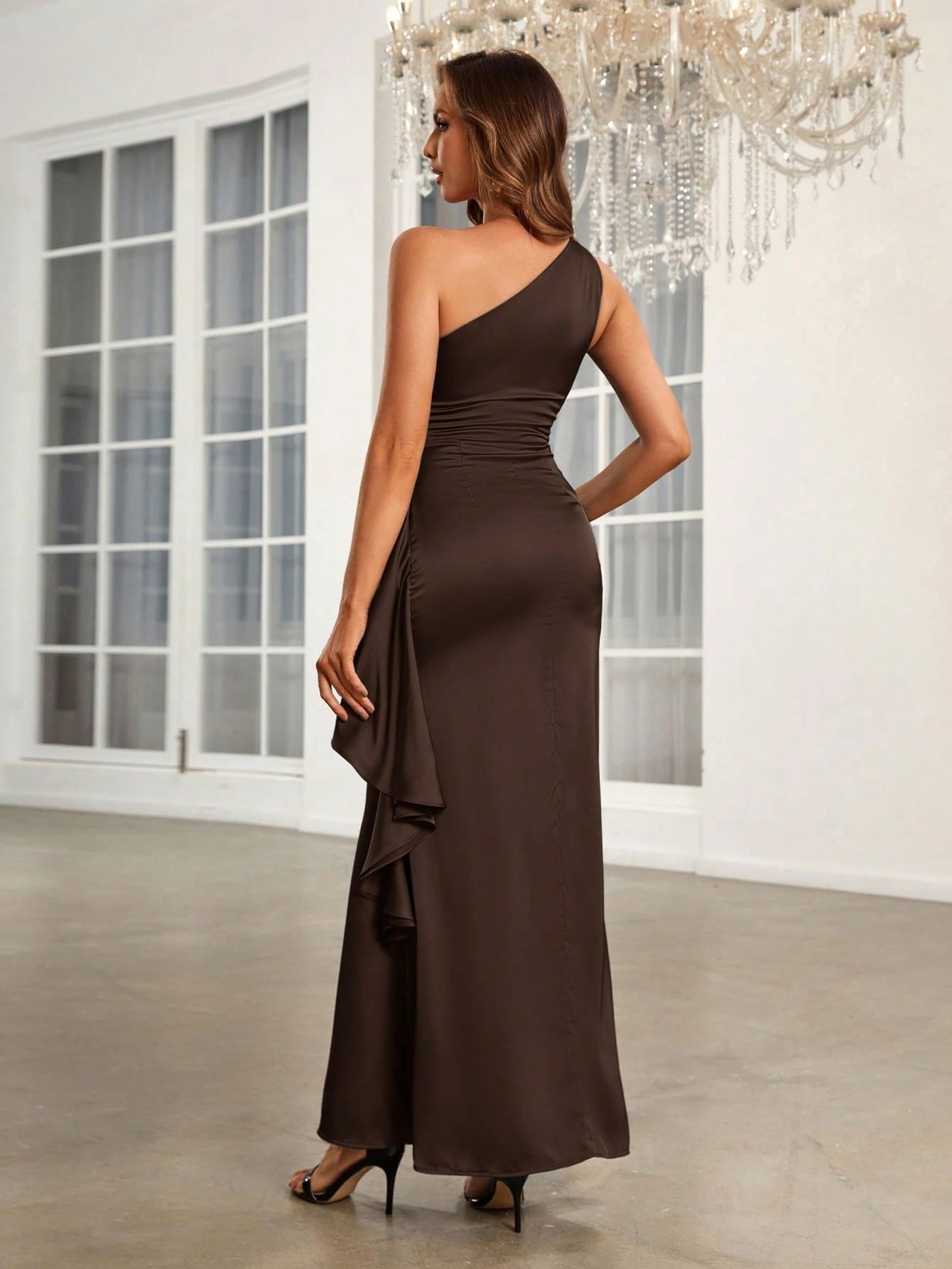 Elegant Sheath/Column One-Shoulder Sleeveless Ruffled Satin Maxi Dress Prom Dress