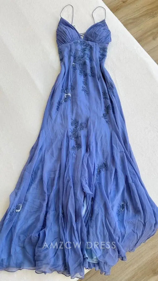 Elegant Sheath/Column Spaghetti Strap Embroidered Chiffon Maxi Dress Prom Dress