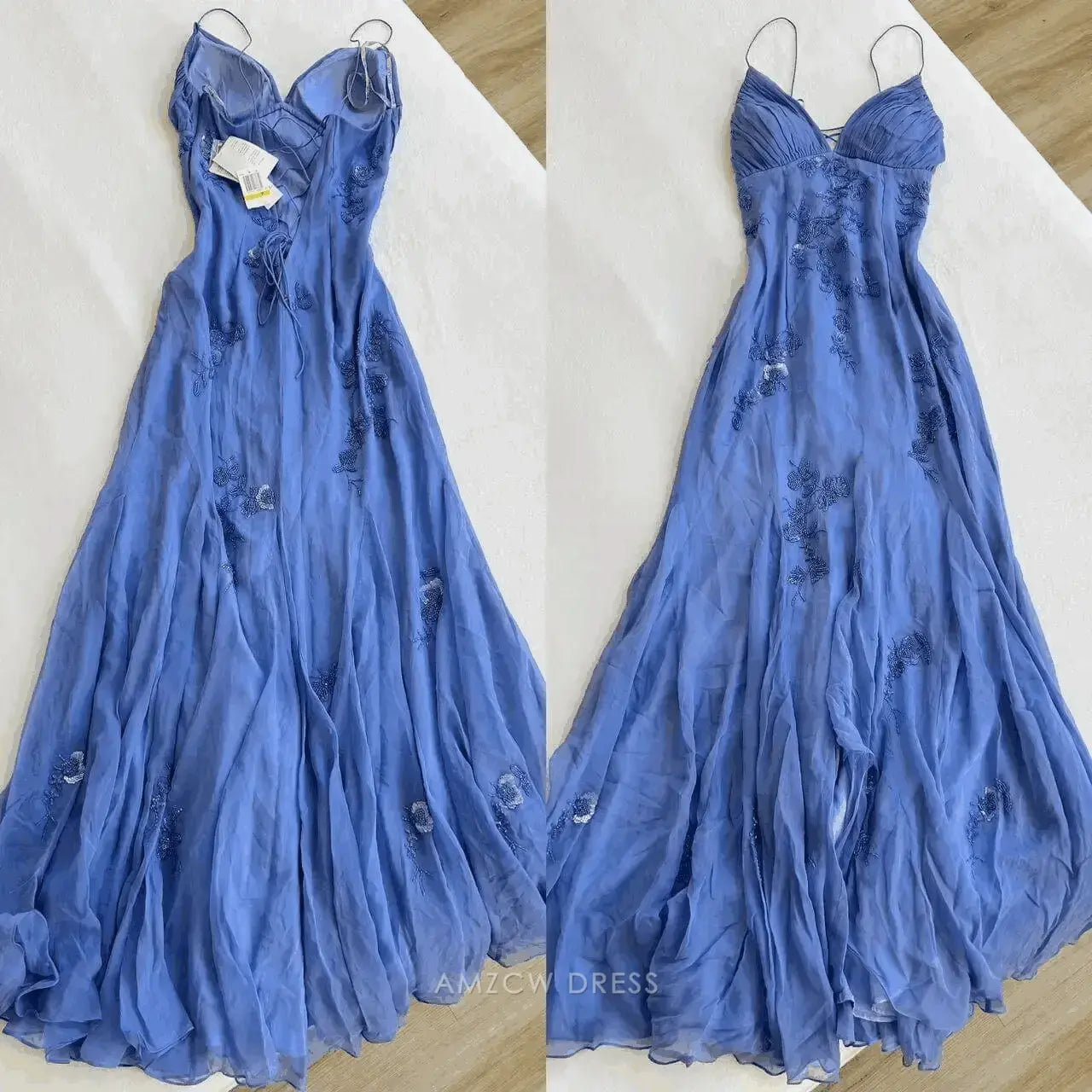 Elegant Sheath/Column Spaghetti Strap Embroidered Chiffon Maxi Dress Prom Dress