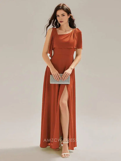 Elegant Sheath/Column Square Neck Draped Sleeve Maxi Dress with Side Slit Prom Dress