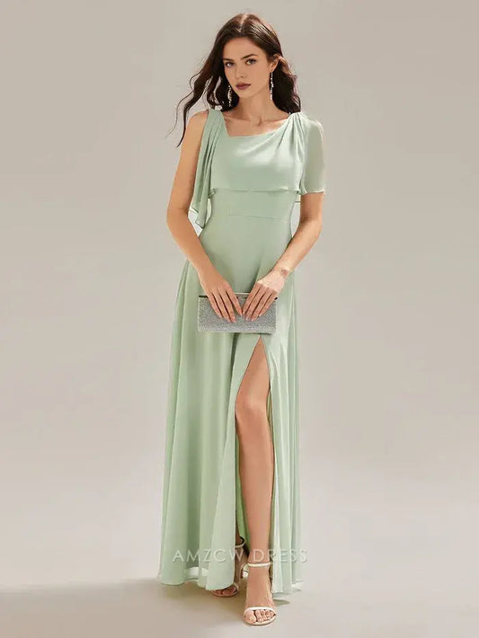 Elegant Sheath/Column Square Neck Draped Sleeve Maxi Dress with Side Slit Prom Dress