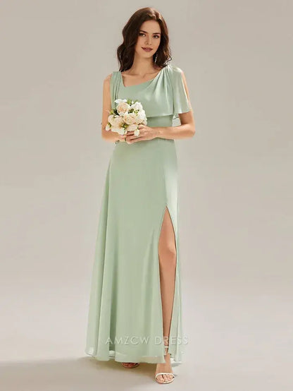 Elegant Sheath/Column Square Neck Draped Sleeve Maxi Dress with Side Slit Prom Dress