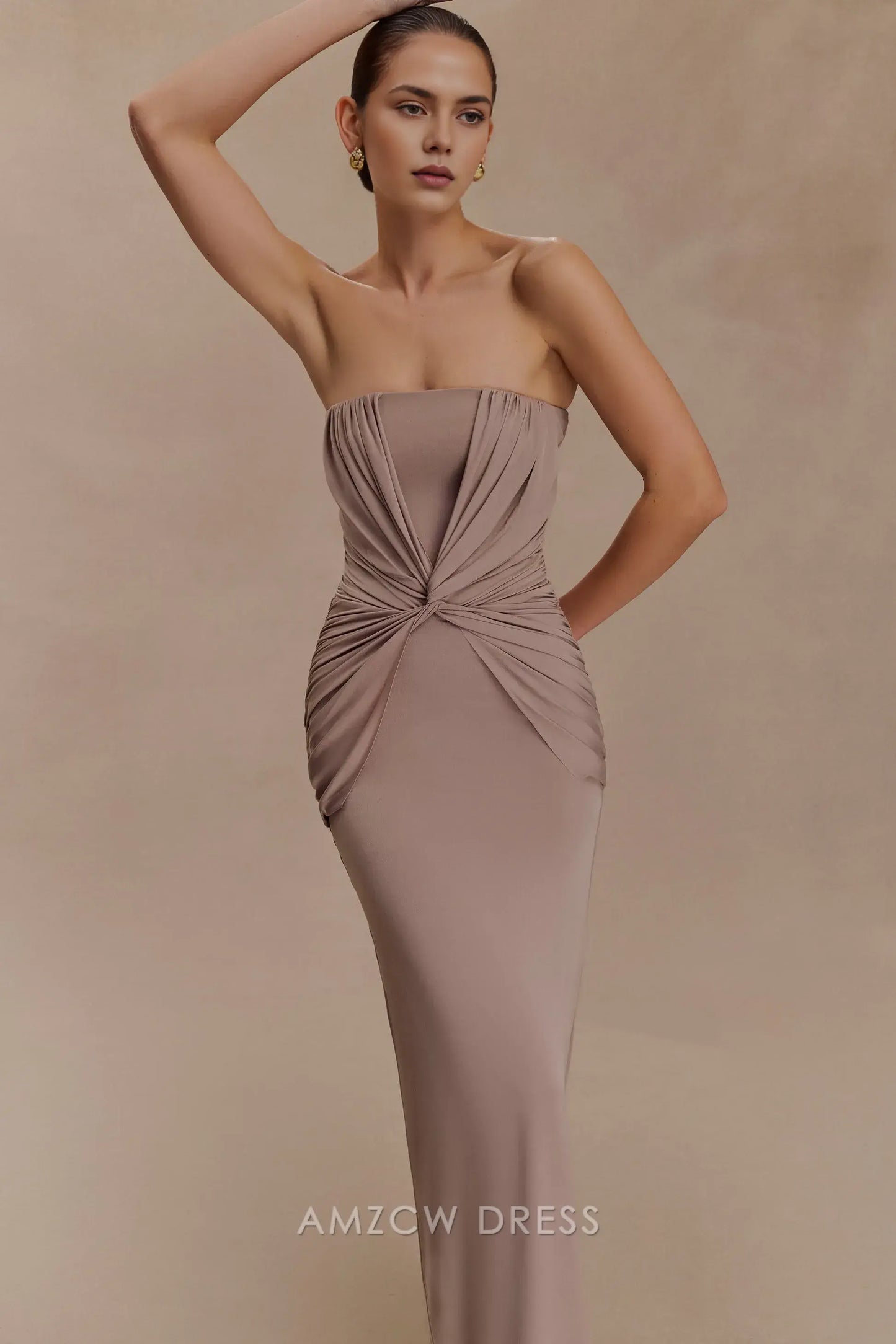 Elegant Sheath/Column Strapless Draped Floor-Length Maxi Dress Prom Dress
