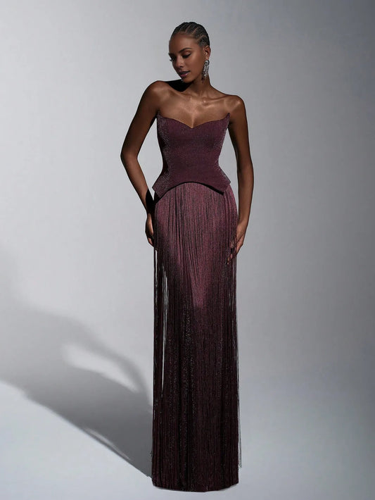 Elegant Sheath/Column Strapless Sleeveless Open Back Fringe Corset Floor-Length Maxi Dress Prom Dress