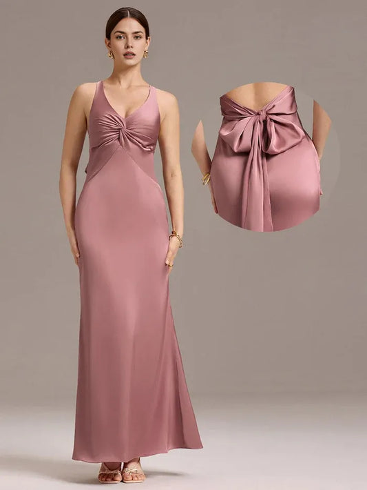 Elegant Sheath/Column V - Neck Knot Front Satin Maxi Dress with Crisscross Back and Bow Prom Dress