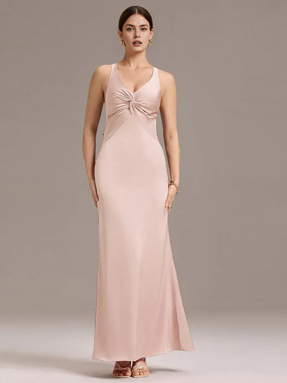 Elegant Sheath/Column V - Neck Knot Front Satin Maxi Dress with Crisscross Back and Bow Prom Dress
